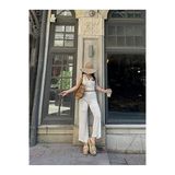 TANE TASARIM Kadın Bluz-Pantolon Takım, Beyaz, Pamuk Polyester, V Yaka, Kolsuz, Geniş Paça, Slim Kalıp, 30°C'de Yıkanabilir (L)