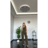 TANE TASARIM Kadın Denim Tulum Haki, Yüksek Bel, Uzun Kol, Düşük Kol Tipi, Gömlek Yaka, Çift Cepli, Regular Kalıp (S)