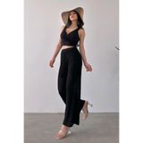 TANE TASARIM Kadın Kruvaze Yaka Crop Bluz ve File Detaylı Pantolon Triko İkili Takım, Slim Kalıp, Kolsuz (Siyah, S)