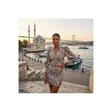 TANE TASARIM Kadın Leopar Desenli Asimetrik Bluz, Çok Renkli, Pamuk Polyester, V Yaka, Balon Kol, Yıkamalı