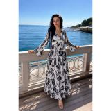 TANE TASARIM Kadın Maxi Elbise, Çok Renkli, Düğün/Nikah, Saten, Renkli Desen, V Yaka, Gül Detaylı (S/M)