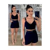 TANE TASARIM Kadın Taş İşlemeli Şortlu Kemerli Crop Bluz Takım, Siyah, Polyester Karışımlı, V Yaka, Kolsuz, Boncuk İşleme, Yüksek Bel, Geniş Paça (S)