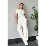 TANE TASARIM Kadın Taşlı Bluz ve Palazzo Bol Paça Pantolon İkili Takım, Dokuma, Kısa Kollu, Oversize (Beyaz, M)