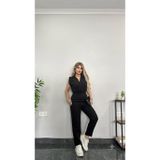 TANE TASARIM Kadın Tulum Siyah Pamuk Polyester Kolsuz Fitted Kalıp Gömlek Yaka Düğmeli