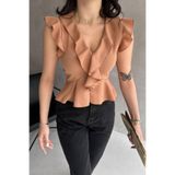 TANE TASARIM Kadın Volanli Kol Krep Bluz Metalik Regular V Yaka Polyester (S)