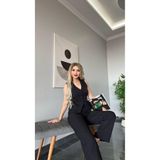 TANE TASARIM Kadın Yelek-Pantolon Takım Slim Kalıp Dokuma Çift Cepli Kolsuz (Siyah, XL)