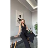 TANE TASARIM Kadın Yelek Pantolon Takım, V Yaka, Kolsuz, Kuşaklı, Esnek, Regular Kalıp (Siyah, XL)