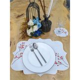 Tanem Home Kırmızı Çiçekli Desen Ithal Keten Nakışlı Amerikan Servis Takımı Tabak Altlığı ve Bardak Altlığı - 35 x 45 cm - Beyaz