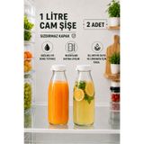 Tanemce 2 Adet Beyaz Plastik Kapaklı 1 Litre Şeffaf Sürahi Süt, Ayran, Su, Limonata Meşrubat Şişesi Cam Şişe