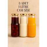 Tanemce 3 Adet 1 Litre Şeffaf Sürahi Süt, Ayran, Su, Limonata, Meşrubat Şişesi Metal Gold Kapaklı Cam Şişe