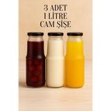 Tanemce 3 Adet 1 Litre Şeffaf Sürahi Süt, Ayran, Su, Limonata, Meşrubat Şişesi Metal Siyah Kapaklı Cam Şişe