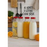 Tanemce 4 Adet 1 Litre Şeffaf Sürahi Süt, Ayran, Su, Limonata, Meşrubat Şişesi Plastik Kapaklı Cam Şişe