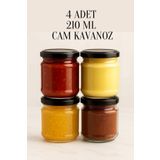 Tanemce 4 Adet 210 ml Metal Siyah Konserve Kapaklı Mama Yoğurt Saklama 210 Cc Şeffaf Cam Kavanoz