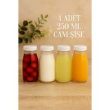 Tanemce 4 Adet Beyaz Plastik Kapaklı 250 ML Şeffaf Sürahi Süt, Ayran, Su, Limonata, Meşrubat Şişesi Cam Şişe