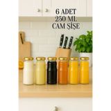 Tanemce 6 Adet 250 ML Şeffaf Sürahi Süt, Ayran, Su, Limonata, Meşrubat Şişesi Metal Gold Kapaklı Cam Şişe