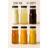 Tanemce 6 Adet 250 ML Şeffaf Sürahi Süt, Ayran, Su, Limonata, Meşrubat Şişesi Metal Siyah Kapaklı Cam Şişe
