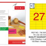 Tanex TW-2027 70x32.125 mm 100'lü Sarı Floresan Laser Etiket