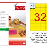 Tanex TW-2032 52.5x35 mm 100'lü Sarı Floresan Laser Etiket