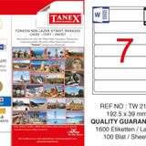 Tanex TW-2107 192.5x39 mm 1600 Adet Beyaz Yazıcı Etiketi