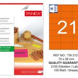 Tanex TW-2121 70x38 mm 100'lü Turuncu Floresan Laser Etiket