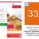 Tanex TW-2133 70x25 mm 100'lü Turuncu Floresan Laser Etiket