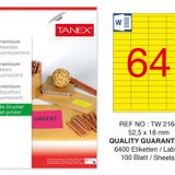 Tanex TW-2164 52.5x18 mm 100'lü Sarı Floresan Laser Etiket