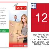 Tanex TW-2312 70x70 mm 100'lü Kırmızı Pastel Laser Etiket