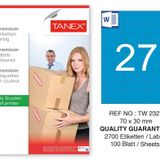 Tanex TW-2327 70x30 mm 100'lü Mavi Pastel Laser Etiket