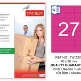 Tanex TW-2327 70x30 mm 100'lü Pembe Pastel Laser Etiket