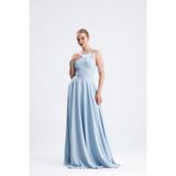 Tangül&Ali'S Moda Evi Halter Yaka Bebe Mavisi Maxi Saten Elbise