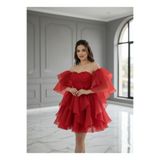Tangül&Ali'S Moda Evi Kalp Yaka İşlemeli Kırmızı Tül Volan Kollu Prenses Mini Abiye Elbise