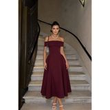 TANISA Bordo Galadriel Madonna Yaka Double Kumaş Kloş Midi Elbise TNS-9003