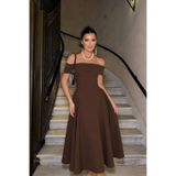 TANISA Kahverengi Galadriel Madonna Yaka Double Kumaş Kloş Midi Elbise TNS-9003