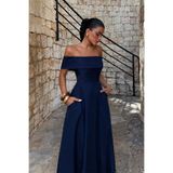 TANISA Lacivert Creil Askılı Double Kumaş Uzun Elbise TNS-4424