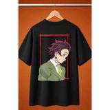Tanjiro Demon Slayer Baskili Oversize Tisort - Siyah