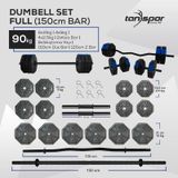 Tanspor 90 Kg Dambıl Halter Full Kısa Bar + Düz Bar (150 cm) + Z Bar (120 cm) Set Mavi Kapaklı