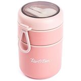 Tantitoni Tedemeı Paslanmaz Çelik Yuvarlak 2 Katlı Pembe-Yeşil Plastik Kaşıklı Yemek Taşıma Kabı 710ML - 1 Adet