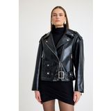 TARA COŞKUNTUNCEL Siyah Uzun Deri Biker Ceket