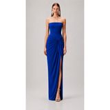 TARA COŞKUNTUNCEL Straplez korse form yırtmaçlı drape detaylı maxi abiye elbise