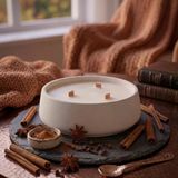 Tarçın Kokulu Dekoratif Beton Mum Yuvarlak Yatay Form Üç Fitilli Mum 250 Gr
