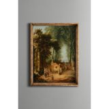 Tarihi Bahçede Çeşme ve Figürler - Vintage Desenli Çerçeve - İnce Model, Altın1, 21 x 30