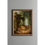 Tarihi Bahçede Çeşme ve Figürler - Vintage Desenli Çerçeve - İnce Model, Altın2, 15 x 21
