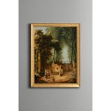 Tarihi Bahçede Çeşme ve Figürler - Vintage Desenli Çerçeve - İnce Model, Altın3, 21 x 30