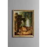 Tarihi Bahçede Çeşme ve Figürler - Vintage Desenli Çerçeve - İnce Model, Altın4, 30 x 40