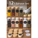 TARIK HOME 12'li Bambu Kapaklı Kare Cam Baharatlık Takımı - Etiketli Hunili Baharat Seti 170 ml