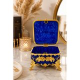 TARU PASAJ Kare Mücevher Kutusu Gold İşlemeli Metal Ayaklı 6x8x8 cm (Mavi) | Takı Saklama İçin İdeal, Dekoratif Obje, 5 Renk Seçeneği, Makyaj Masası Dekoru