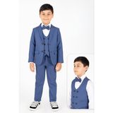 Tarz Çocuk Erkek Çocuk Mavi Yelekli Takım Elbise 5’li Set – Ceket, Yelek, Pantolon, Gömlek ve Papyon – Özel Gün Şıklığı - 8 Yaş