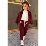 Tarz Çocuk Kız Çocuk Kadife Ceketli Süet Şapkalı Pantolon Bluz Alt Üst Tarz Takım - 4 - 5 Yaş - Bordo