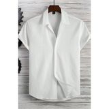 Tarz Cool Bej Yarım Regular Apaş Yaka Kısa Kol Müslin Kumaş Erkek Gömlek - Beyaz - 2XL