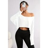 Tarz Cool Beyaz Kadın Oversize Uzun Kollu Crop T-Shirt Kayık Yaka Pamuk Materyal ile Rahat Kesim - S - M